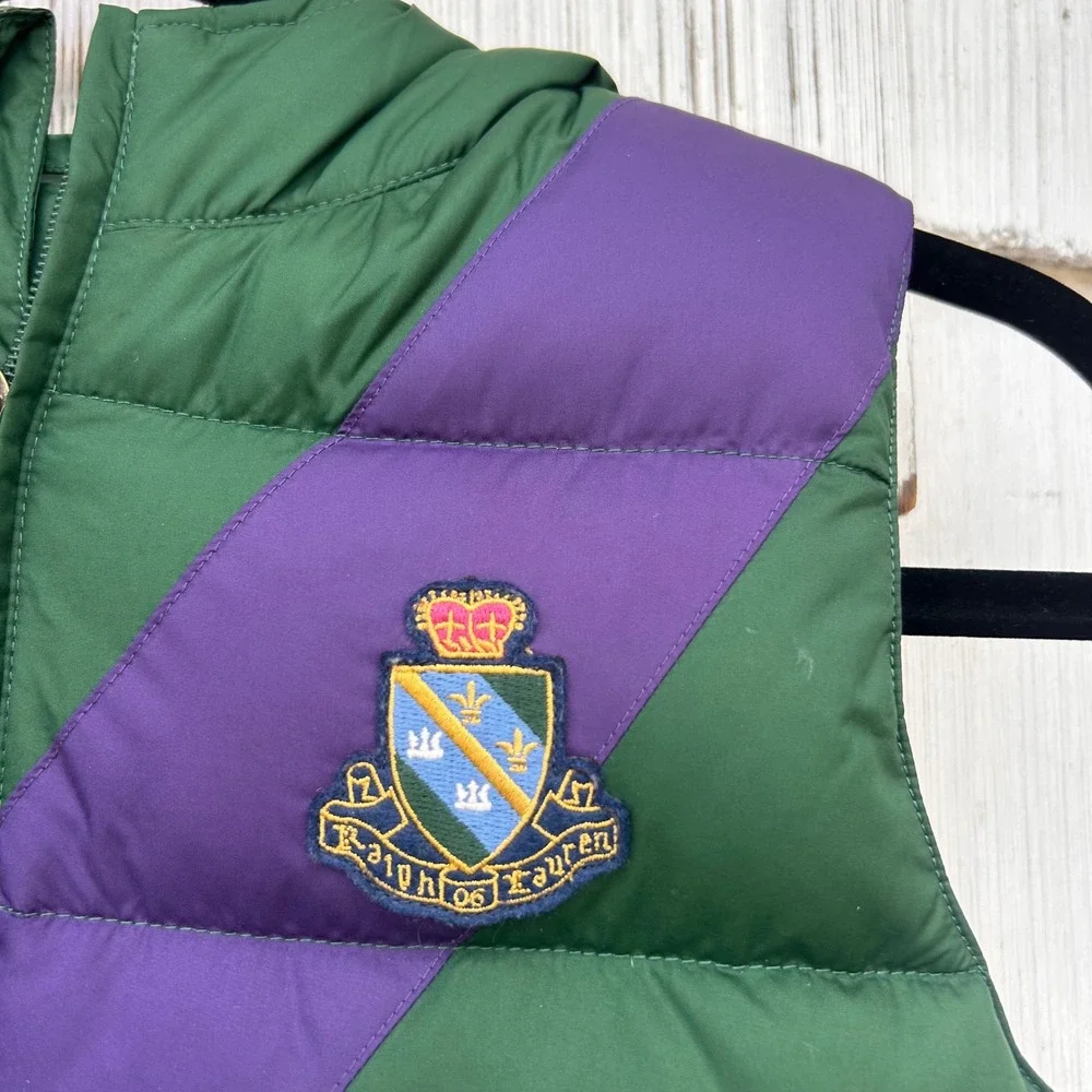 Ralph Lauren Kids Green Purple Down‎ Puffer Vest Hooded Crest Patch Size M 8/10